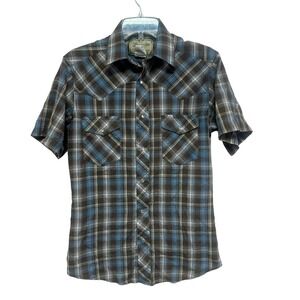 Wrangler Western Shirts Mens Short‎ Sleeve Plaid Snap Button Shirt Blue Brown